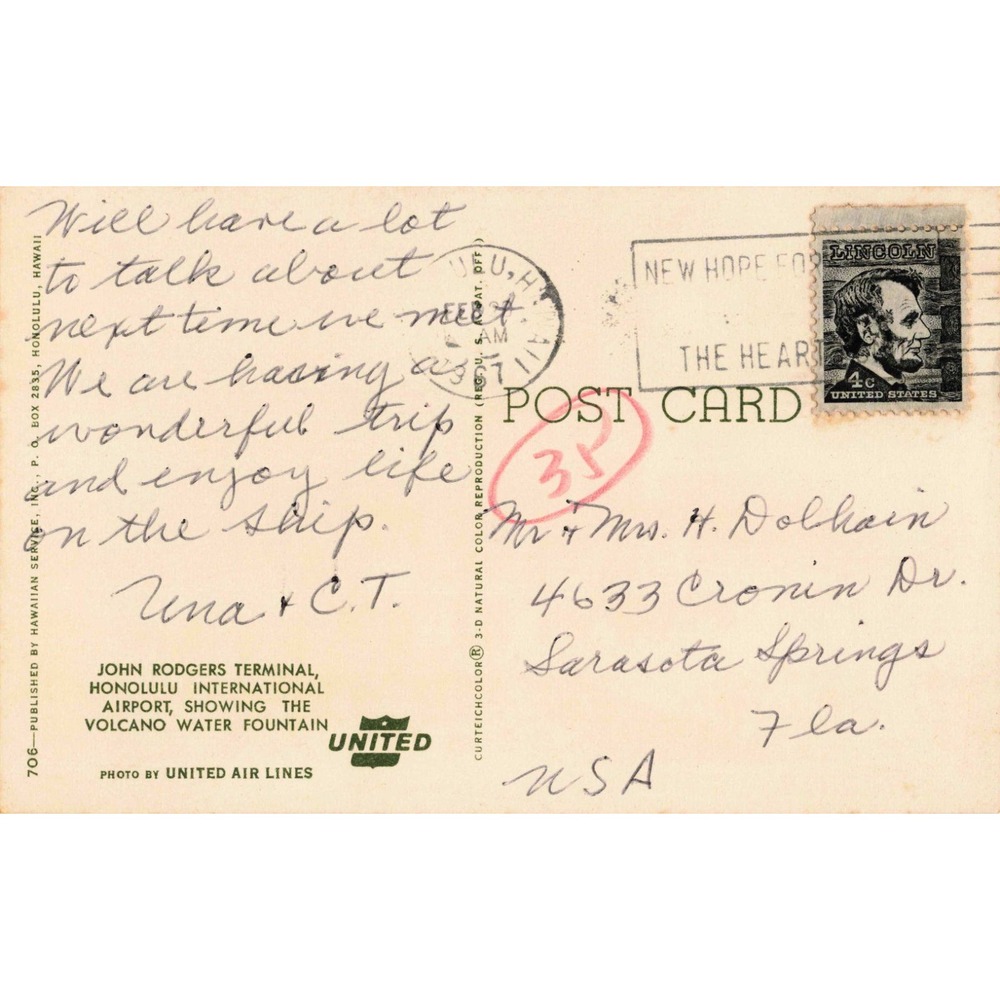 Vintage 1961 Honolulu Airport John Rodgers Terminal Hawaii Postcard Aloha United - Picture 2 of 2